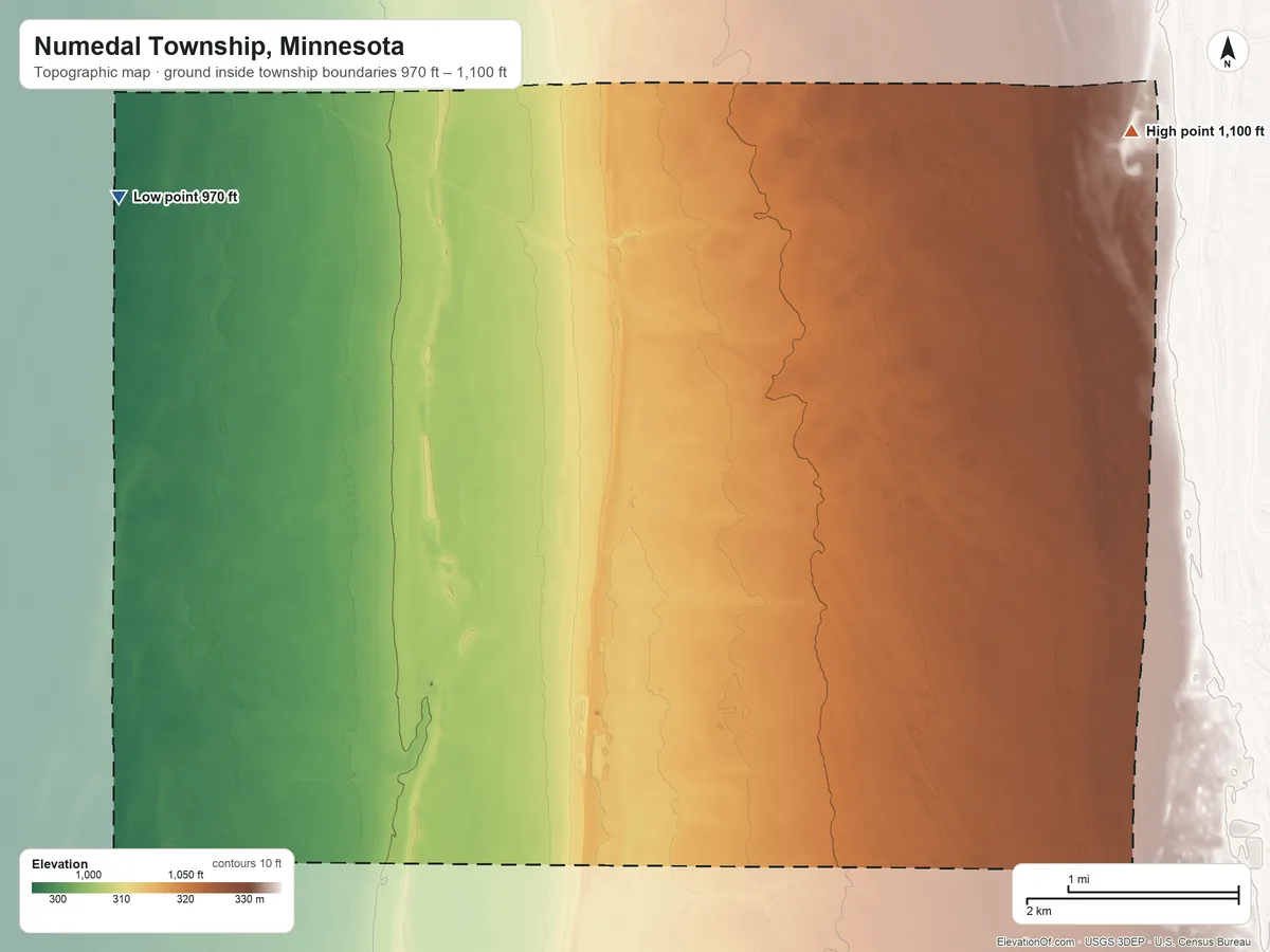Topographic elevation map of Numedal Township, Minnesota, shaded from 970 ft on the west side to 1,100 ft on the northeast side