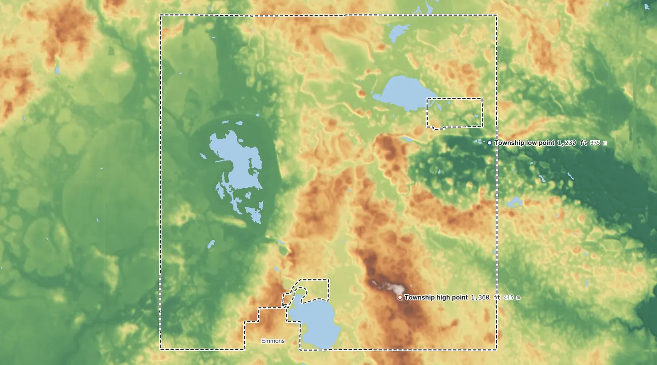 Topographic elevation map of Nunda Township, Minnesota, shaded from 1,230 ft on the east side to 1,360 ft on the southeast side