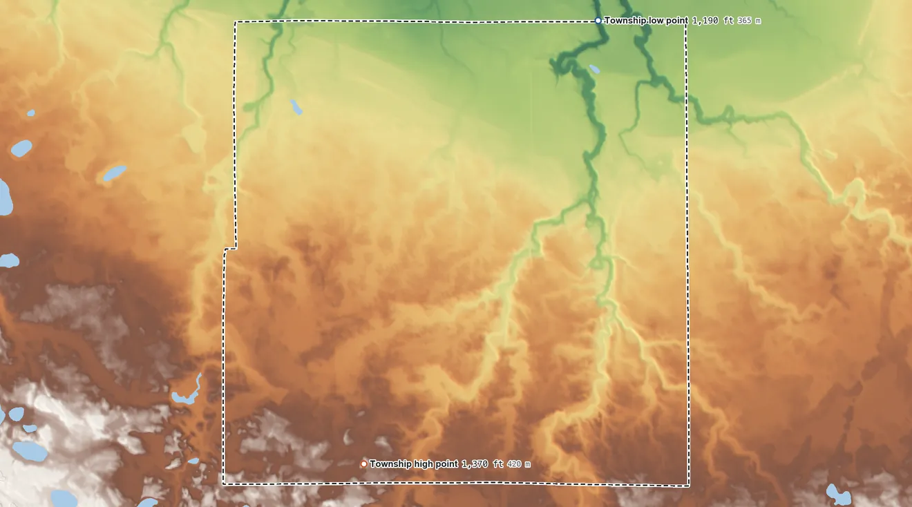 Topographic elevation map of O'Brien Township, Minnesota, shaded from 1,190 ft on the north side to 1,370 ft on the southwest side