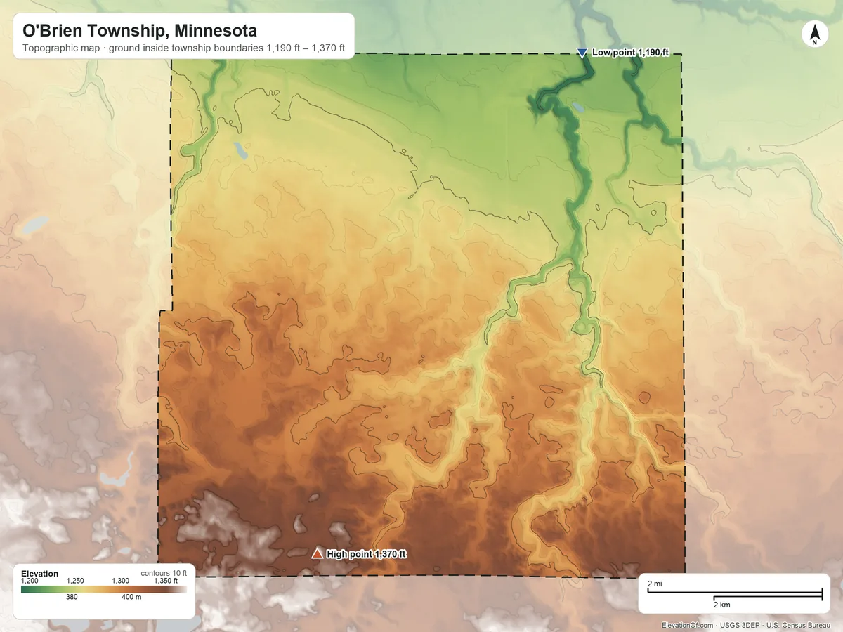 Topographic elevation map of O'Brien Township, Minnesota, shaded from 1,190 ft on the north side to 1,370 ft on the southwest side