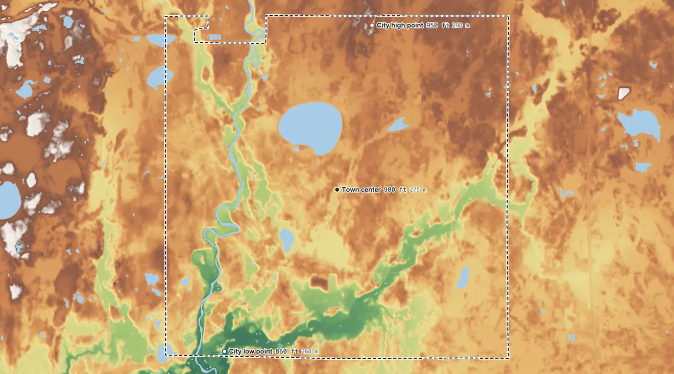 Topographic elevation map of Oak Grove, Minnesota, shaded from 860 ft on the southwest side to 950 ft on the north side