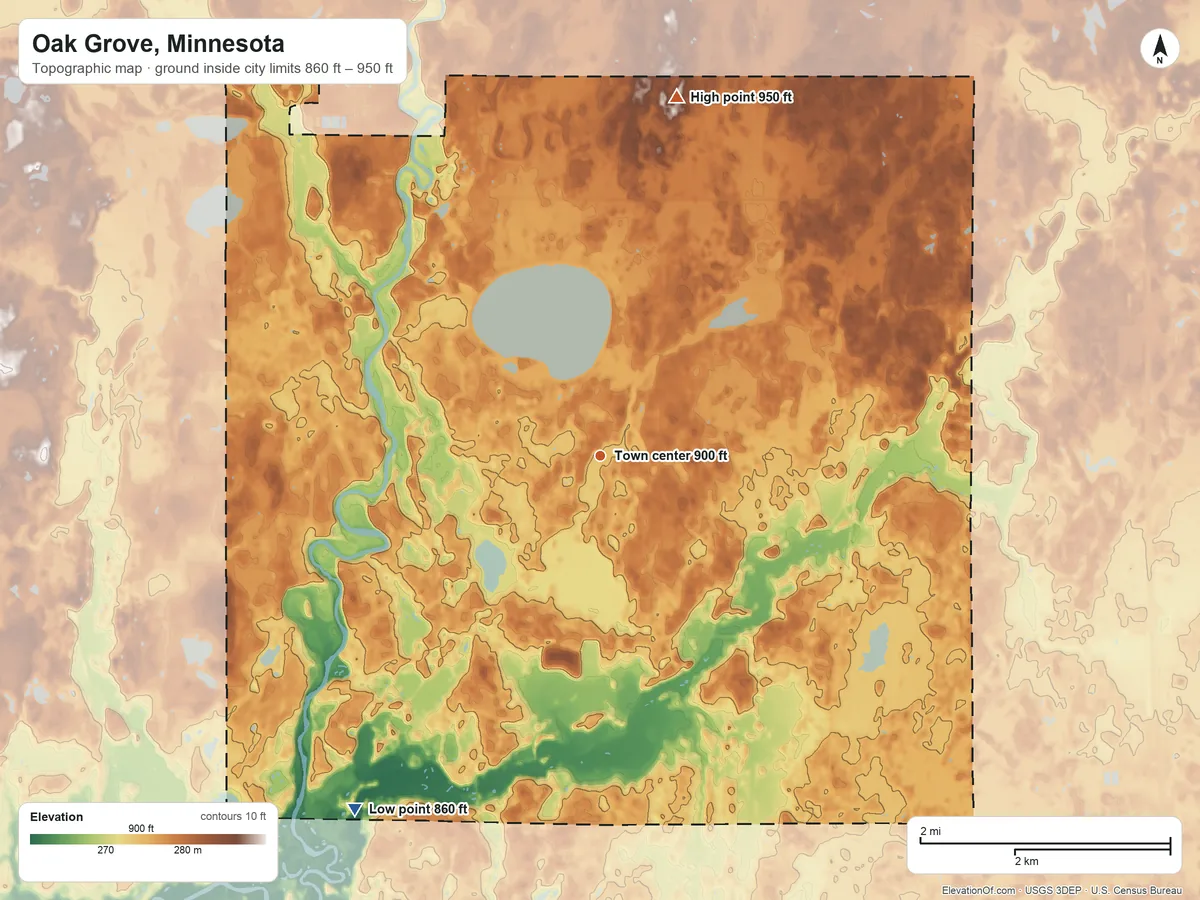 Topographic elevation map of Oak Grove, Minnesota, shaded from 860 ft on the southwest side to 950 ft on the north side
