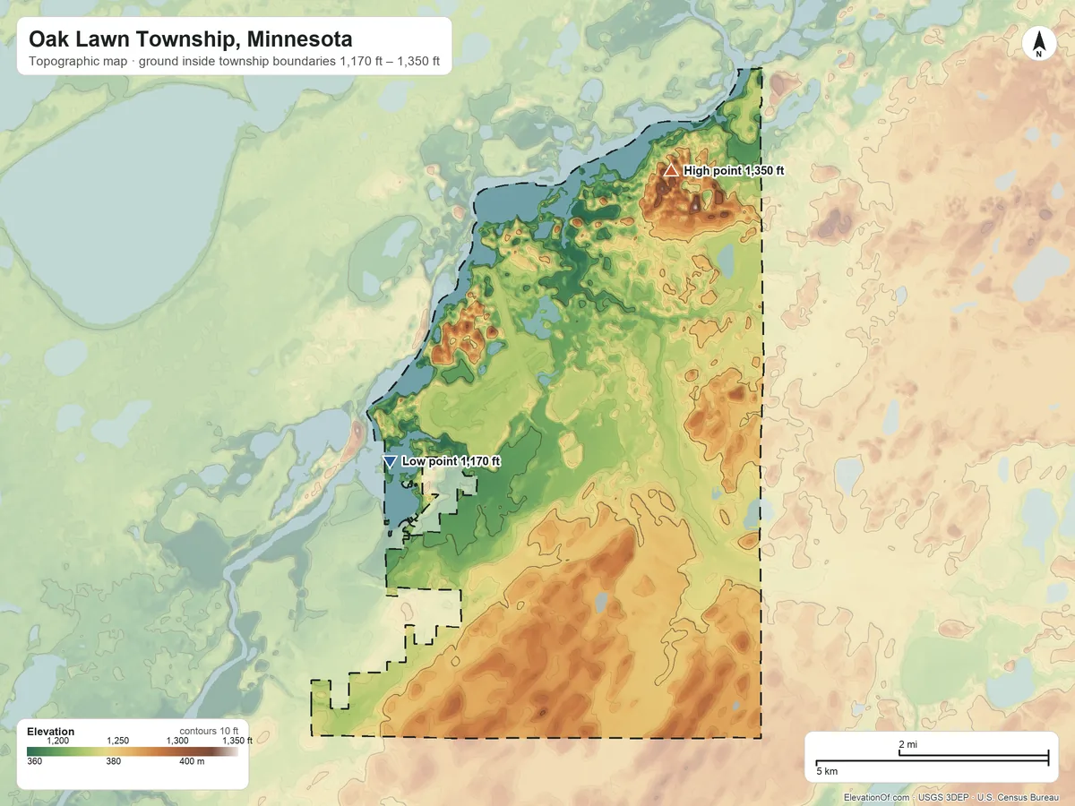Topographic elevation map of Oak Lawn Township, Minnesota, shaded from 1,170 ft on the west side to 1,350 ft on the north side