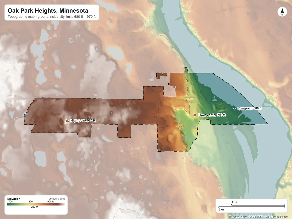 Topographic elevation map of Oak Park Heights, Minnesota, shaded from 680 ft on the east side to 970 ft on the west side