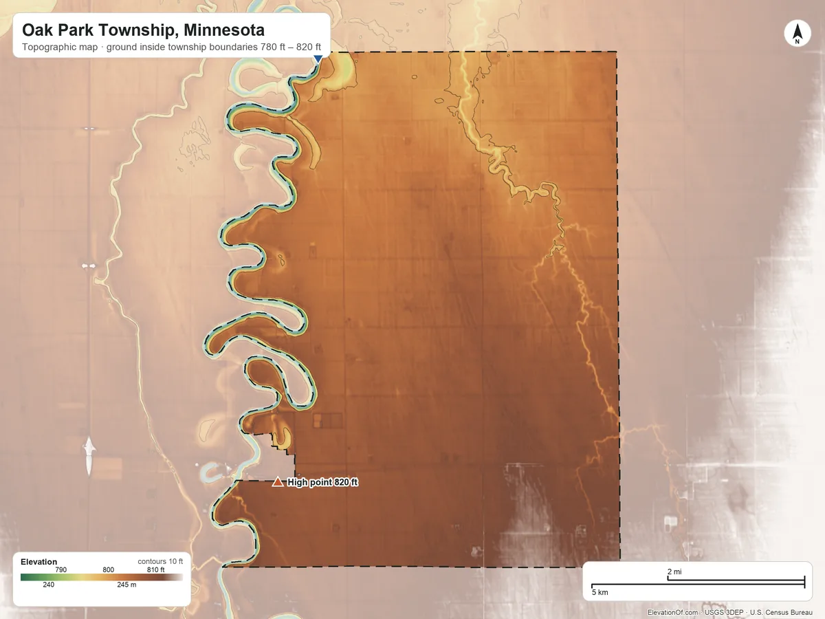 Topographic elevation map of Oak Park Township, Minnesota, shaded from 780 ft on the north side to 820 ft on the west side