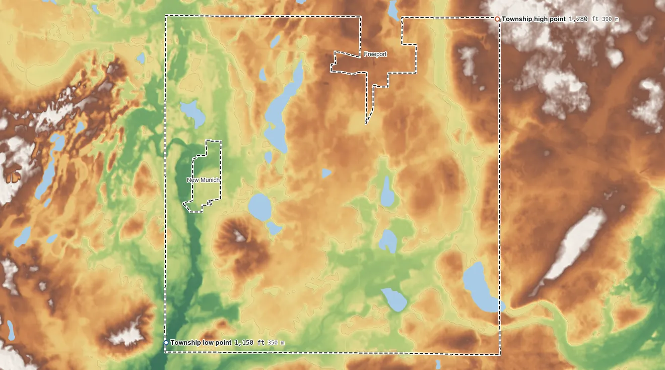 Topographic elevation map of Oak Township, Minnesota, shaded from 1,150 ft on the southwest side to 1,280 ft on the northeast side