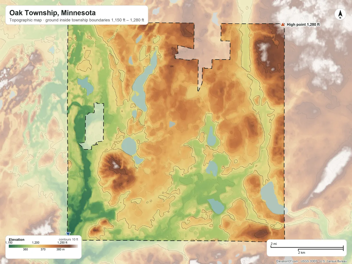 Topographic elevation map of Oak Township, Minnesota, shaded from 1,150 ft on the southwest side to 1,280 ft on the northeast side