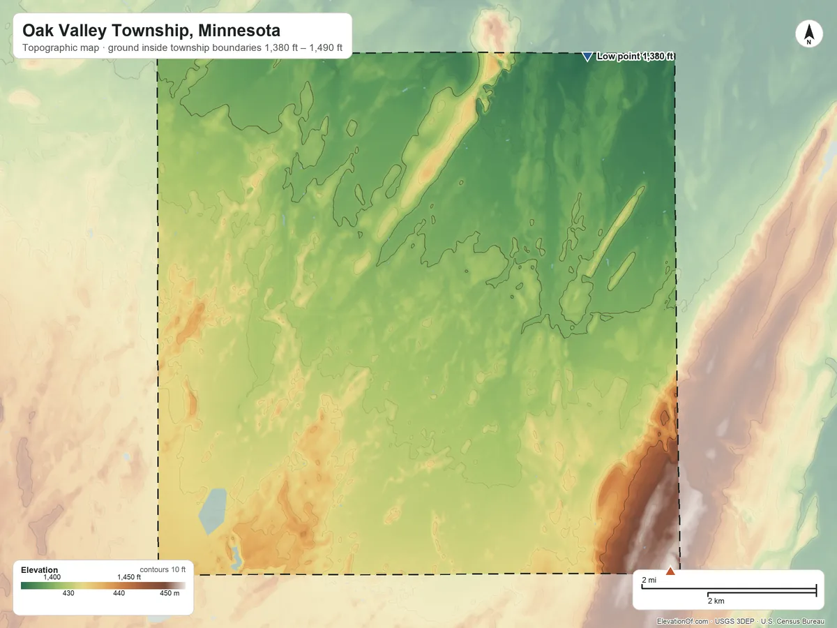 Topographic elevation map of Oak Valley Township, Minnesota, shaded from 1,380 ft on the northeast side to 1,490 ft on the southeast side