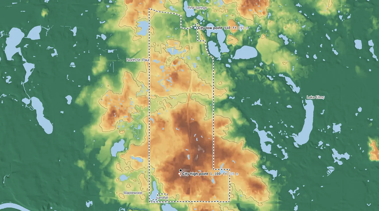 Topographic elevation map of Oakdale, Minnesota, shaded from 940 ft on the north side to 1,100 ft near the middle