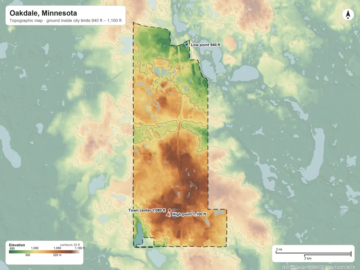Topographic elevation map of Oakdale, Minnesota, shaded from 940 ft on the north side to 1,100 ft near the middle