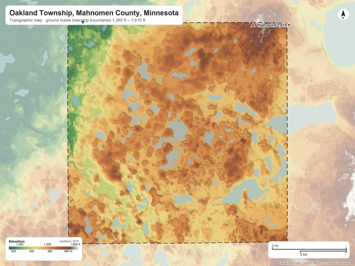 Topographic elevation map of Oakland Township, Mahnomen County, Minnesota, shaded from 1,360 ft on the northwest side to 1,610 ft on the northeast side