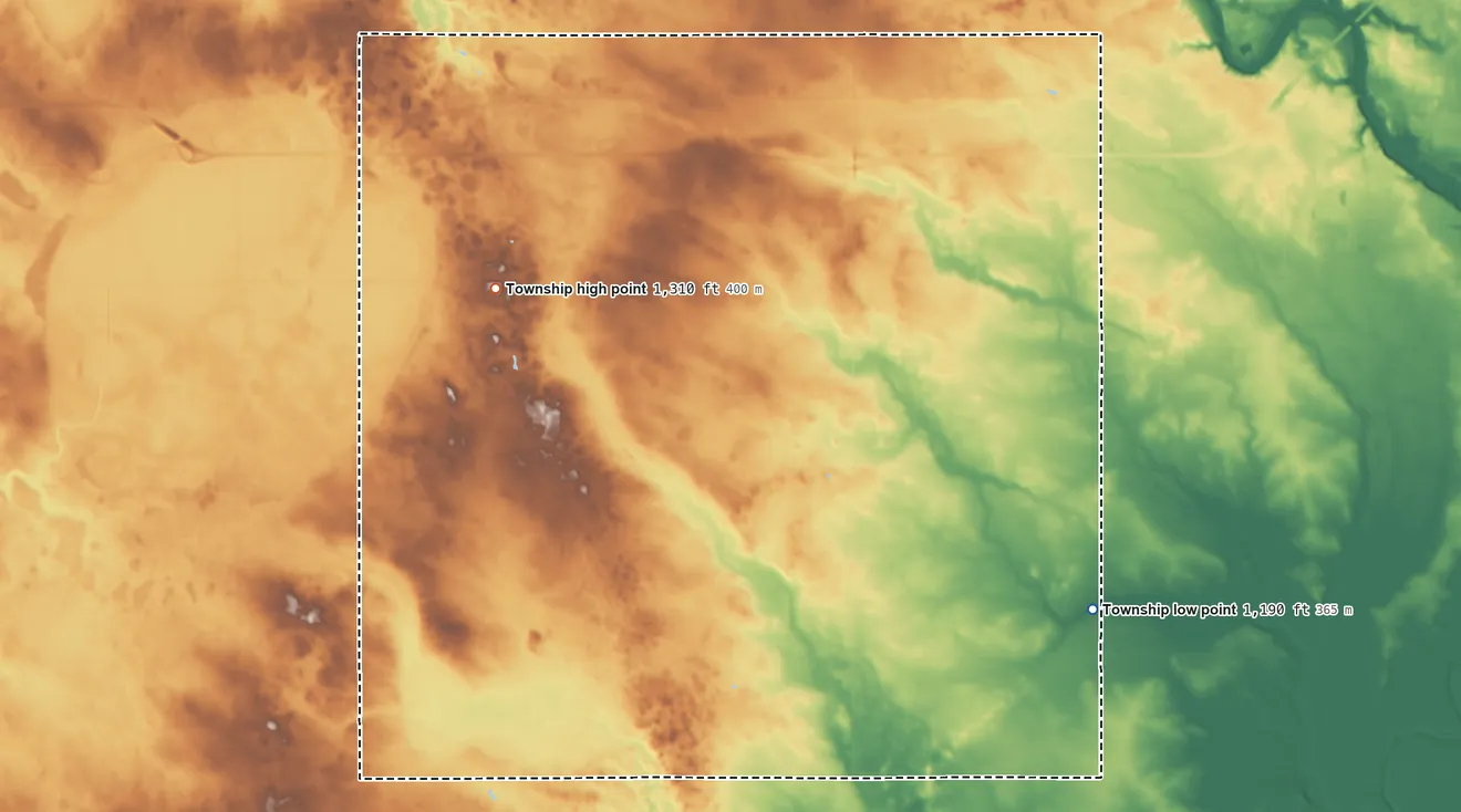 Topographic elevation map of Oakland Township, Minnesota, shaded from 1,190 ft on the southeast side to 1,310 ft on the west side
