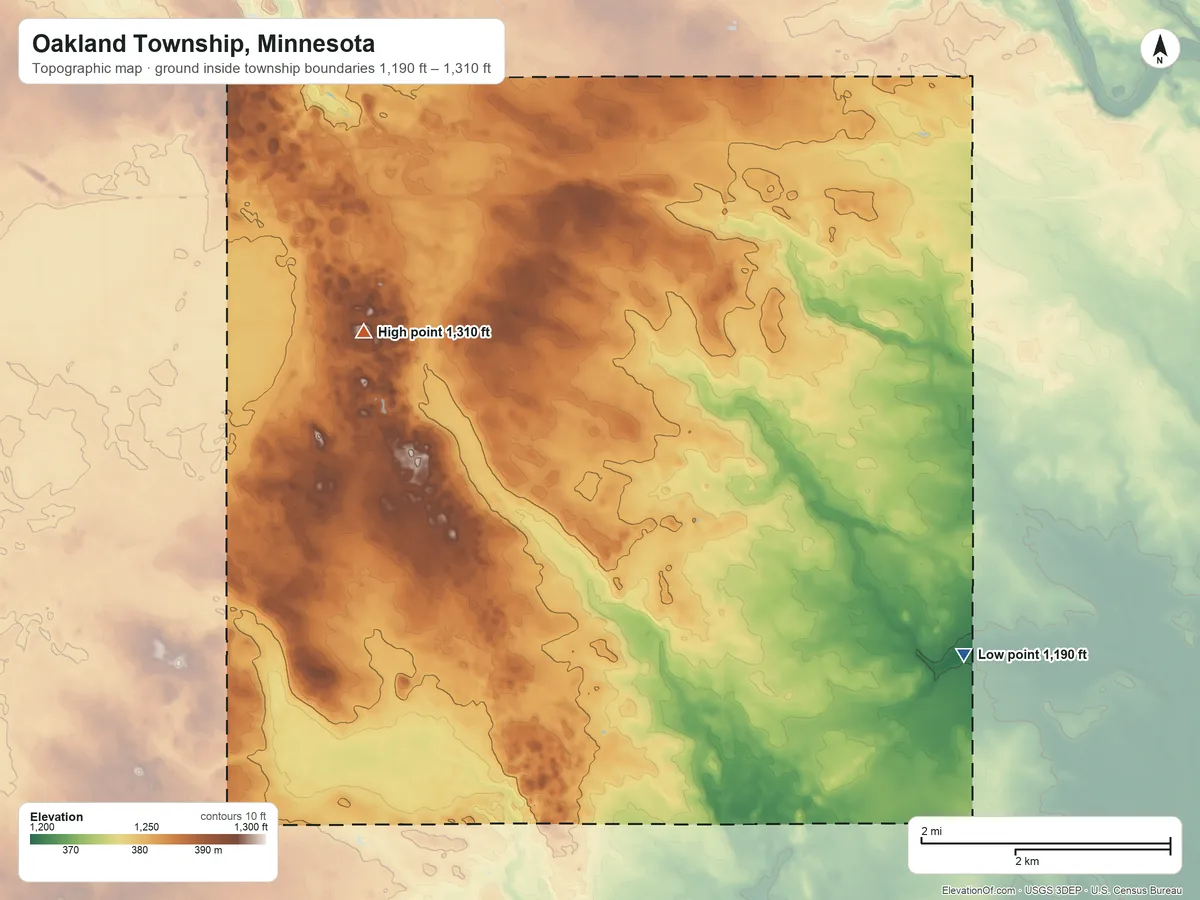Topographic elevation map of Oakland Township, Minnesota, shaded from 1,190 ft on the southeast side to 1,310 ft on the west side