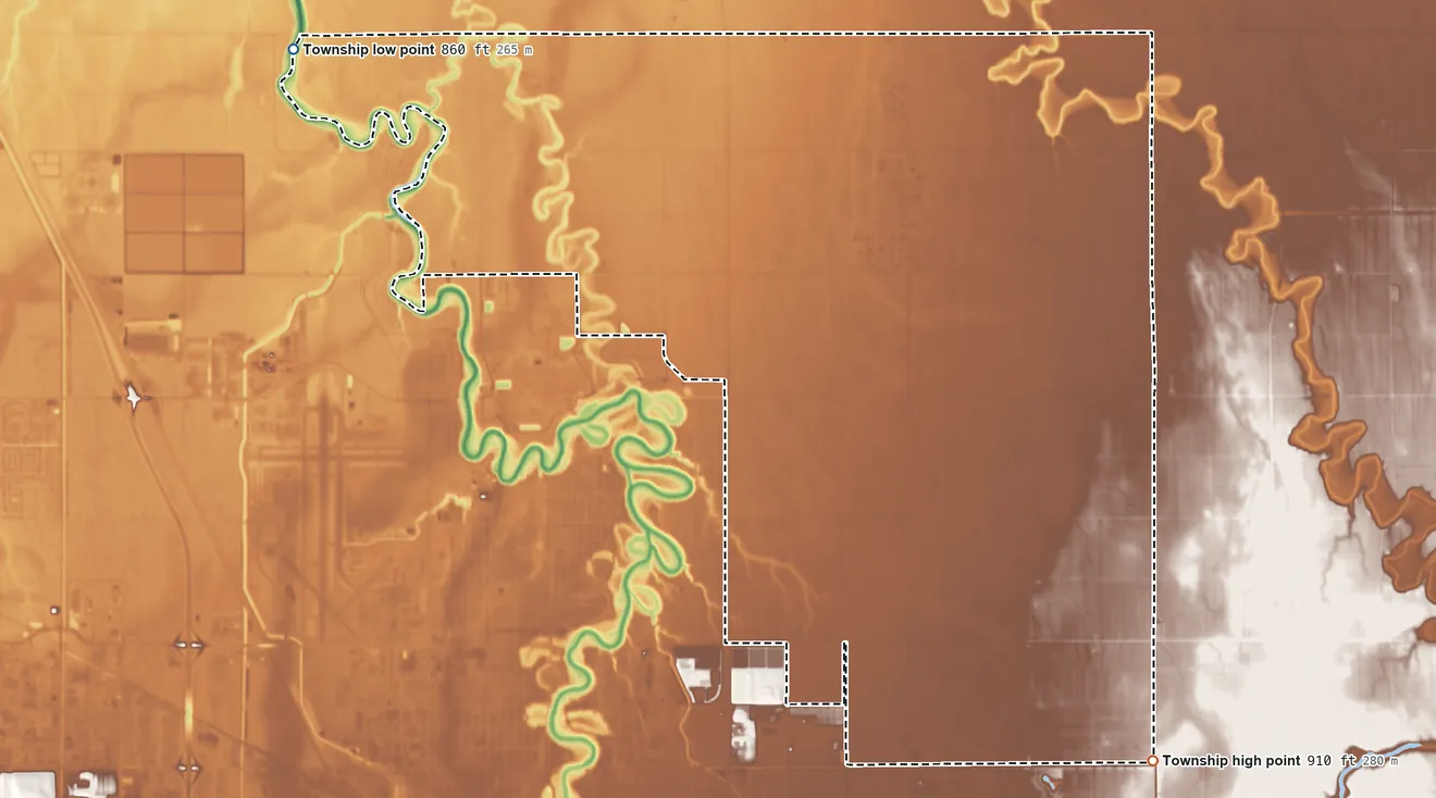Topographic elevation map of Oakport Township, Minnesota, shaded from 860 ft on the northwest side to 910 ft on the southeast side