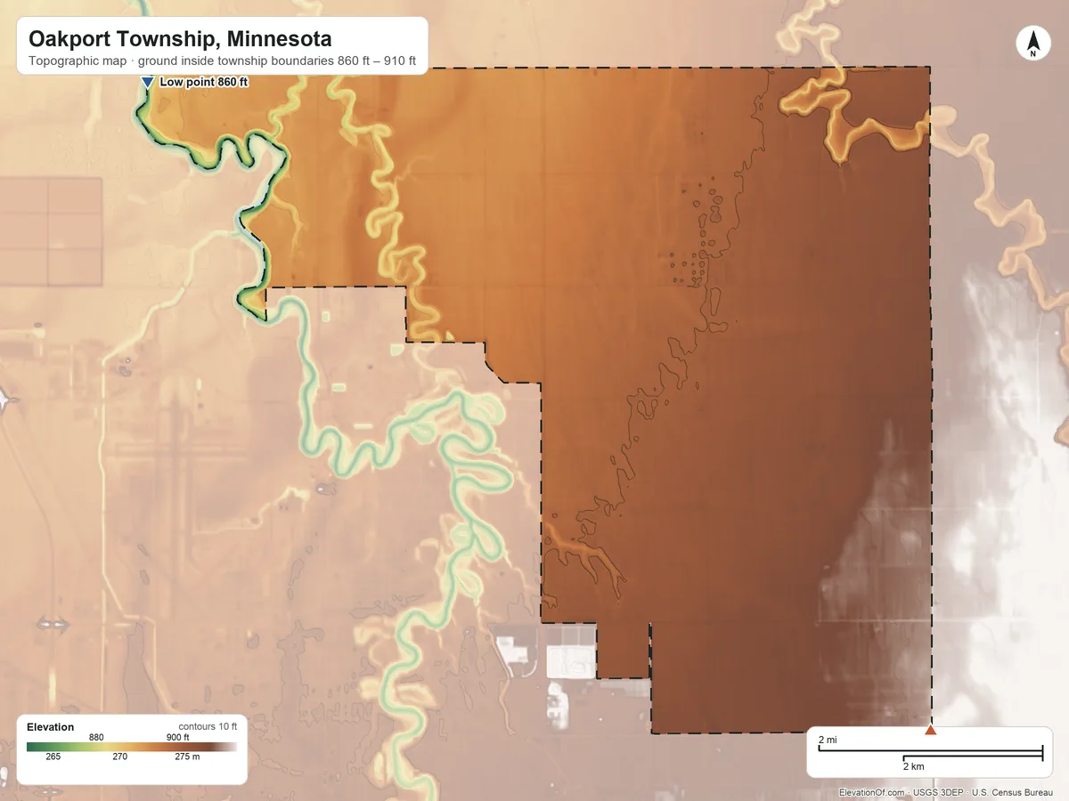 Topographic elevation map of Oakport Township, Minnesota, shaded from 860 ft on the northwest side to 910 ft on the southeast side