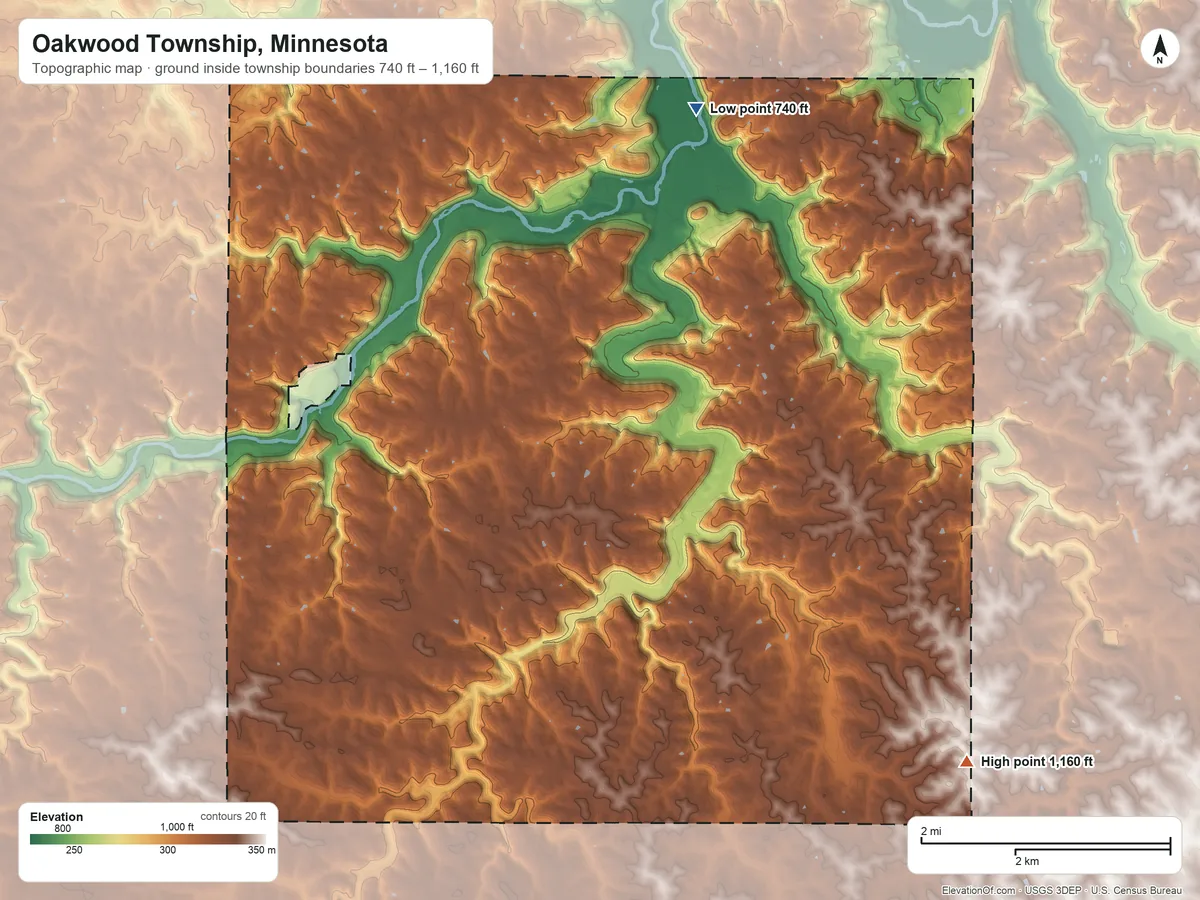 Topographic elevation map of Oakwood Township, Minnesota, shaded from 740 ft on the northeast side to 1,160 ft on the southeast side
