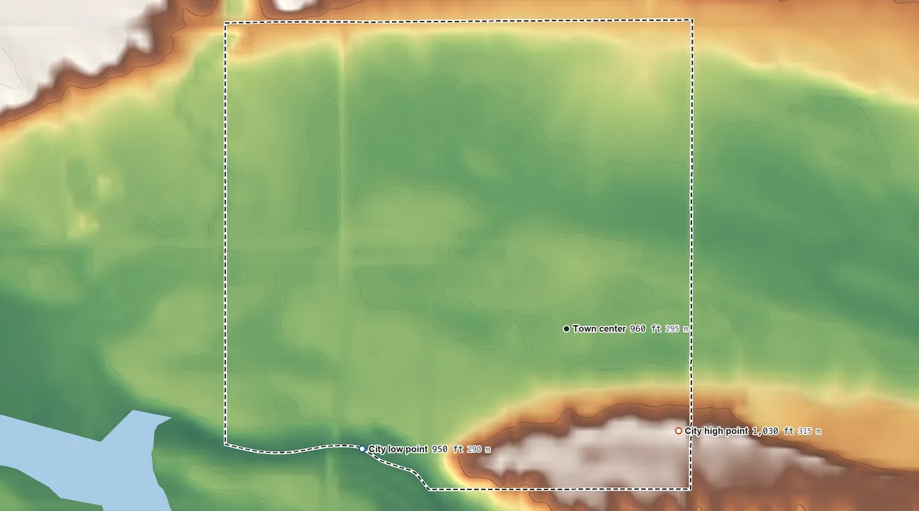 Topographic elevation map of Odessa, Minnesota, shaded from 950 ft on the southwest side to 1,030 ft on the southeast side