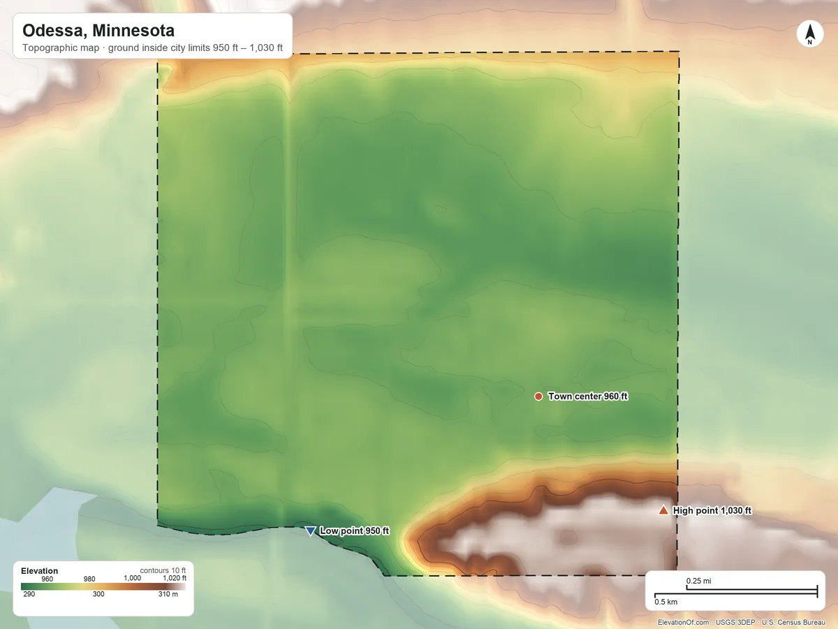 Topographic elevation map of Odessa, Minnesota, shaded from 950 ft on the southwest side to 1,030 ft on the southeast side