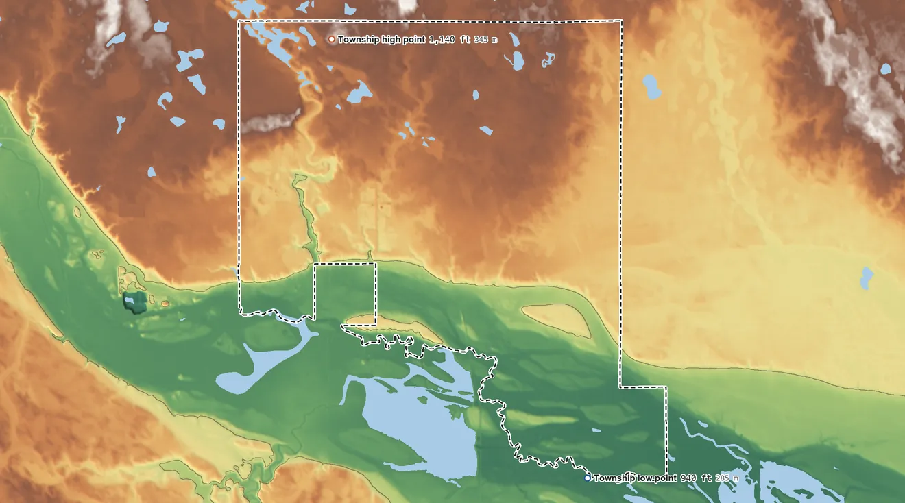 Topographic elevation map of Odessa Township, Minnesota, shaded from 940 ft on the southeast side to 1,140 ft on the northwest side