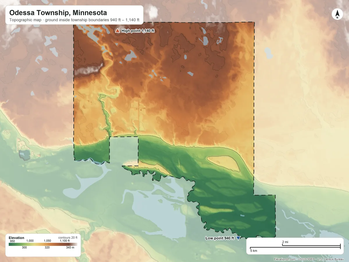 Topographic elevation map of Odessa Township, Minnesota, shaded from 940 ft on the southeast side to 1,140 ft on the northwest side