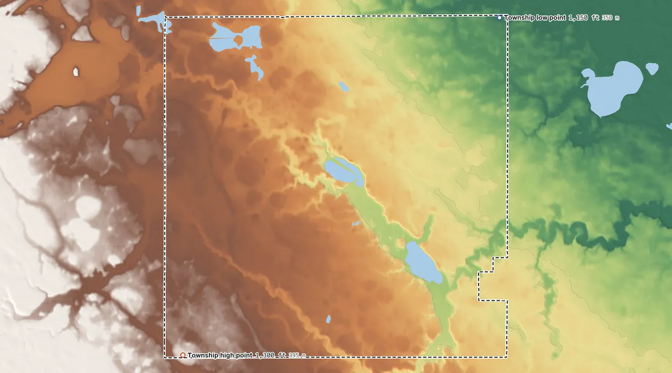 Topographic elevation map of Odin Township, Minnesota, shaded from 1,150 ft on the northeast side to 1,300 ft on the southwest side
