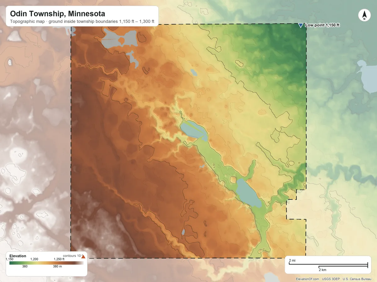 Topographic elevation map of Odin Township, Minnesota, shaded from 1,150 ft on the northeast side to 1,300 ft on the southwest side