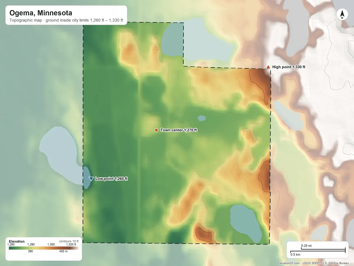 Topographic elevation map of Ogema, Minnesota, shaded from 1,260 ft on the southwest side to 1,330 ft on the northeast side