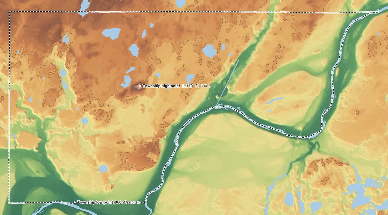 Topographic elevation map of Ogema Township, Minnesota, shaded from 860 ft on the south side to 1,110 ft on the east side