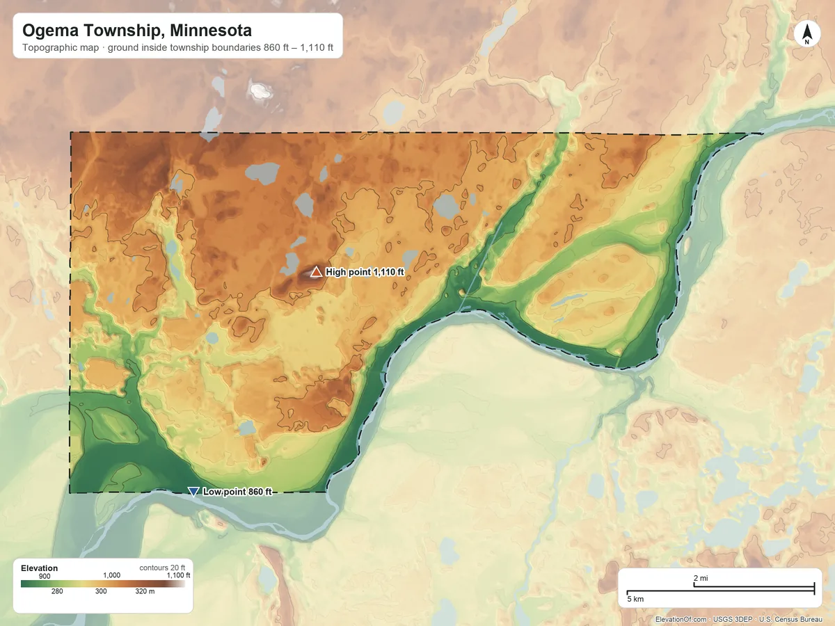 Topographic elevation map of Ogema Township, Minnesota, shaded from 860 ft on the south side to 1,110 ft on the east side