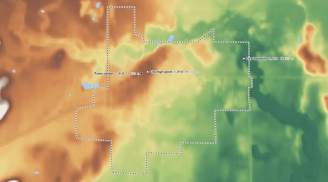 Topographic elevation map of Ogilvie, Minnesota, shaded from 1,020 ft on the east side to 1,050 ft near the middle