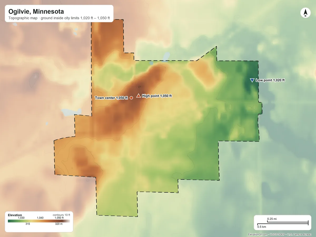 Topographic elevation map of Ogilvie, Minnesota, shaded from 1,020 ft on the east side to 1,050 ft near the middle