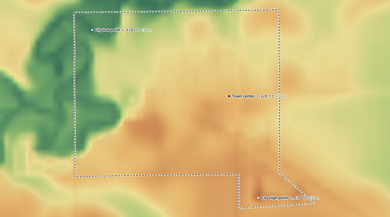 Topographic elevation map of Okabena, Minnesota, shaded from 1,410 ft on the northwest side to 1,430 ft on the south side
