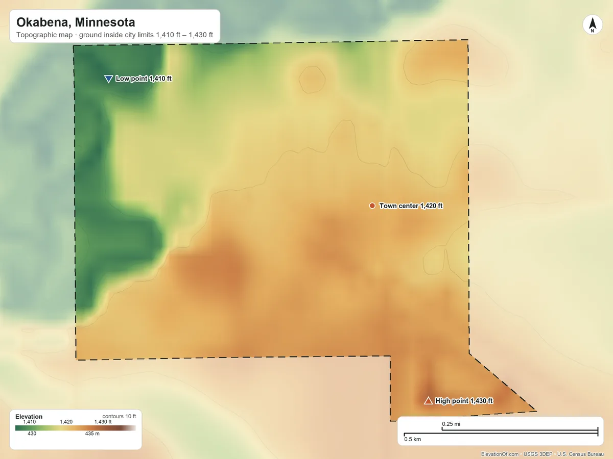 Topographic elevation map of Okabena, Minnesota, shaded from 1,410 ft on the northwest side to 1,430 ft on the south side
