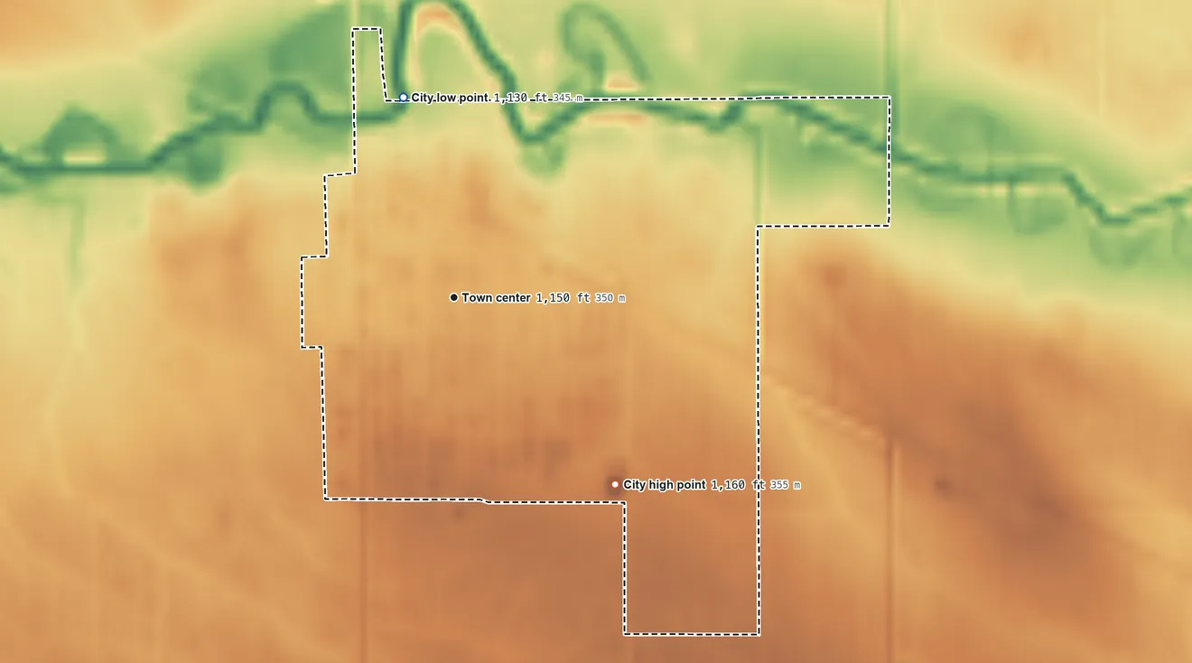 Topographic elevation map of Oklee, Minnesota, shaded from 1,130 ft on the north side to 1,160 ft on the southeast side