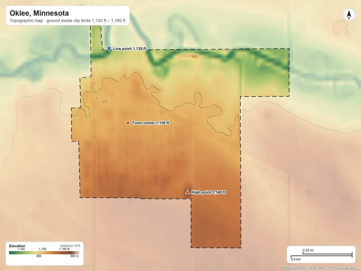 Topographic elevation map of Oklee, Minnesota, shaded from 1,130 ft on the north side to 1,160 ft on the southeast side