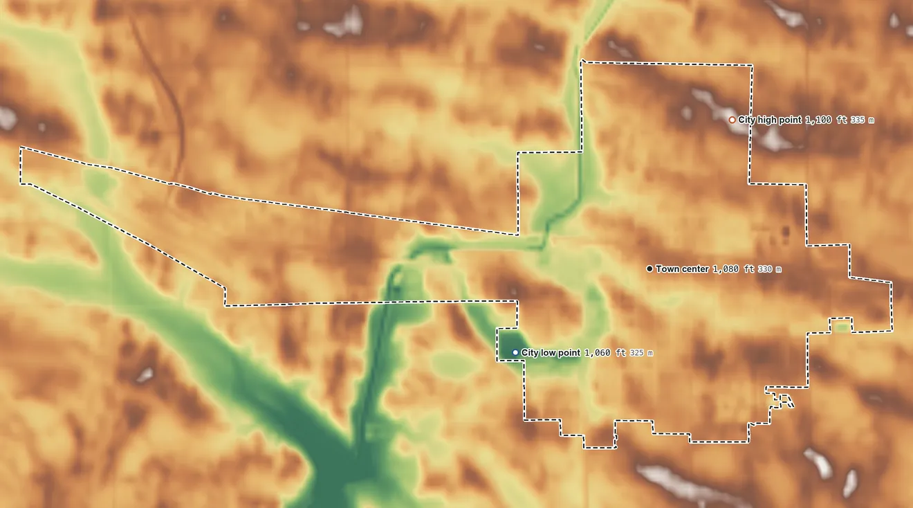 Topographic elevation map of Olivia, Minnesota, shaded from 1,060 ft on the southwest side to 1,100 ft on the northeast side