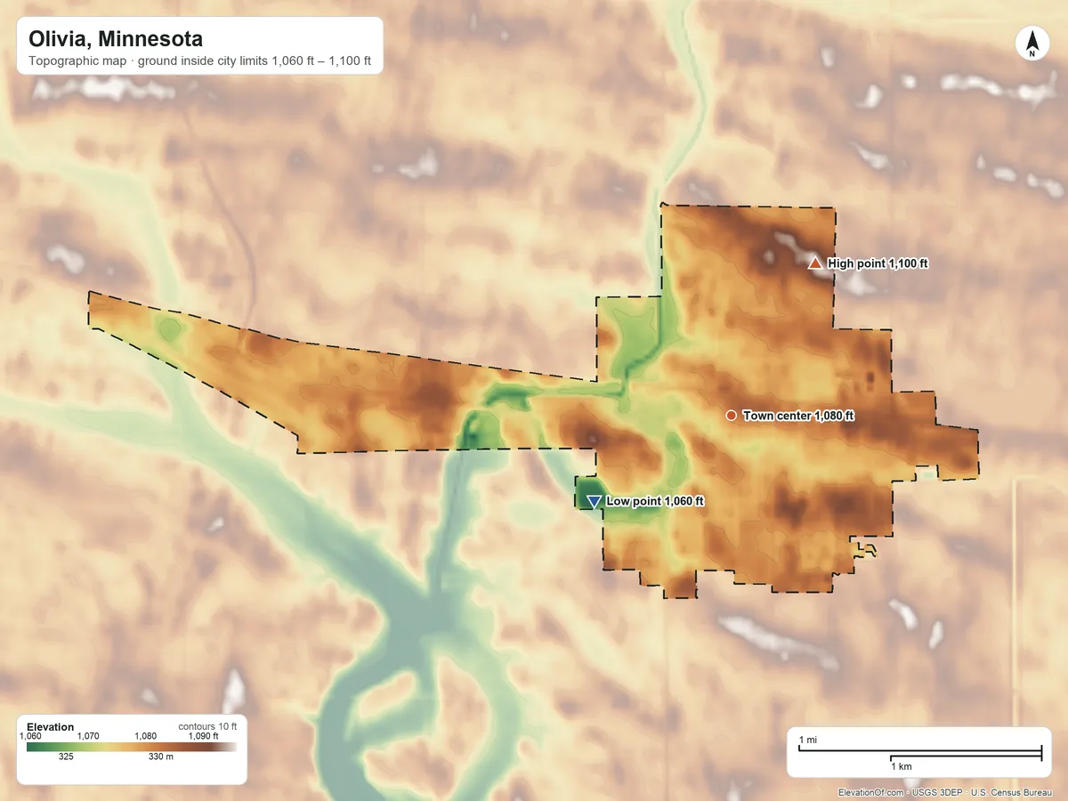 Topographic elevation map of Olivia, Minnesota, shaded from 1,060 ft on the southwest side to 1,100 ft on the northeast side