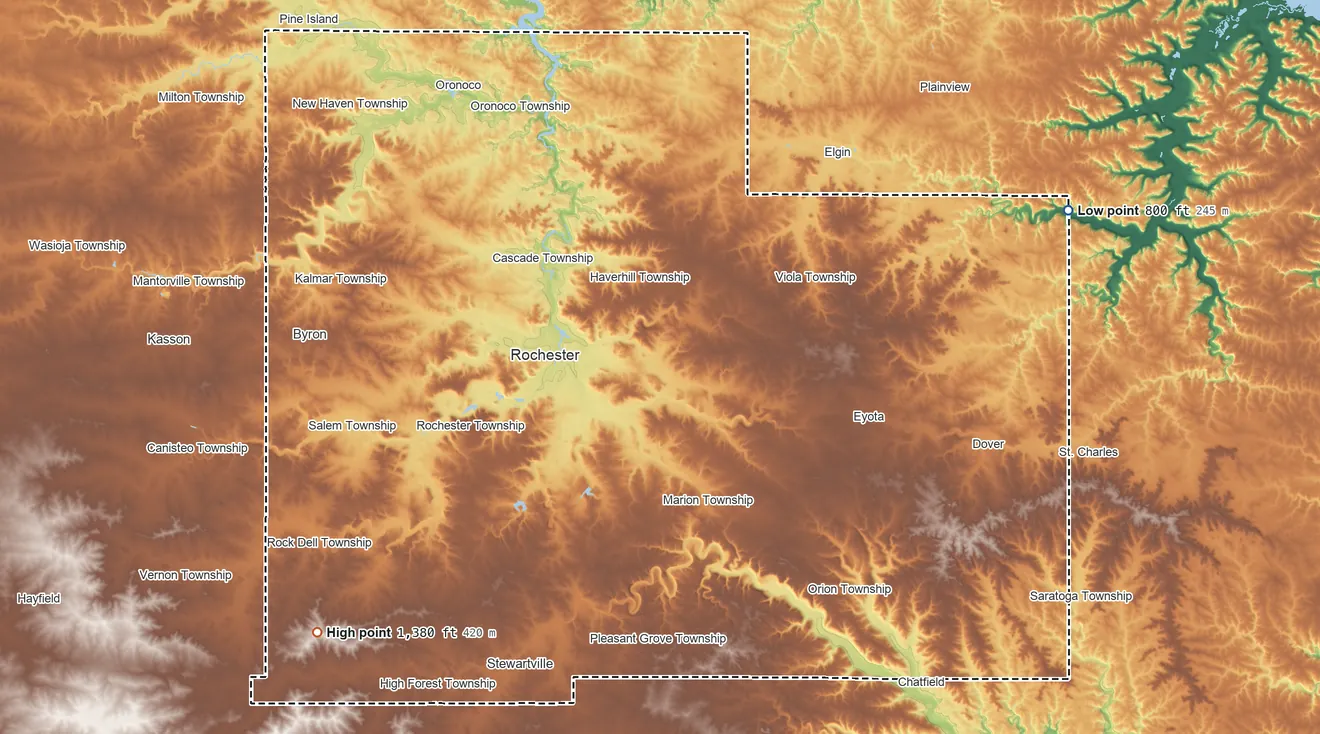 Topographic elevation map of Olmsted County, Minnesota, shaded from 800 ft on the east side to 1,380 ft on the southwest side