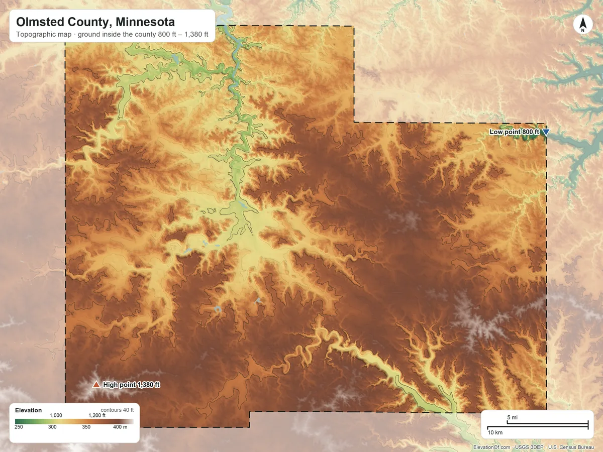 Topographic elevation map of Olmsted County, Minnesota, shaded from 800 ft on the east side to 1,380 ft on the southwest side