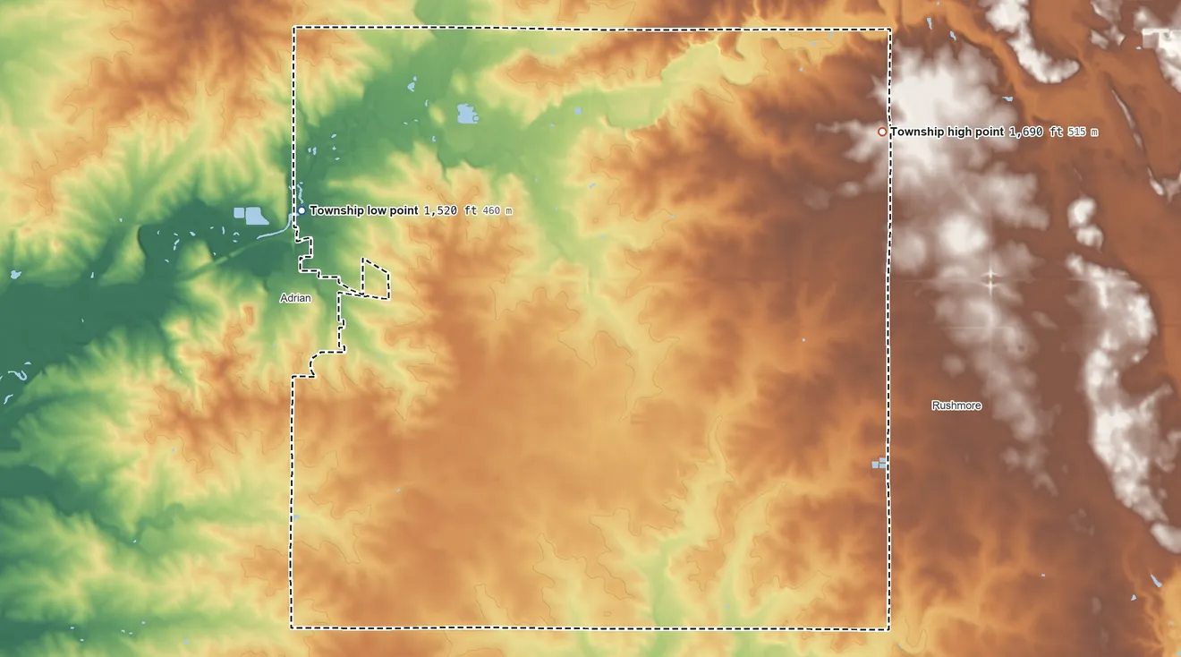 Topographic elevation map of Olney Township, Minnesota, shaded from 1,520 ft on the west side to 1,690 ft on the east side