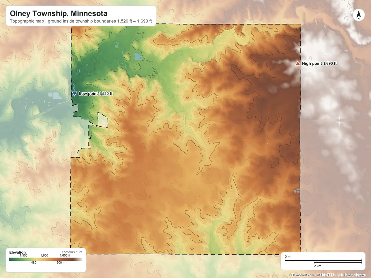 Topographic elevation map of Olney Township, Minnesota, shaded from 1,520 ft on the west side to 1,690 ft on the east side
