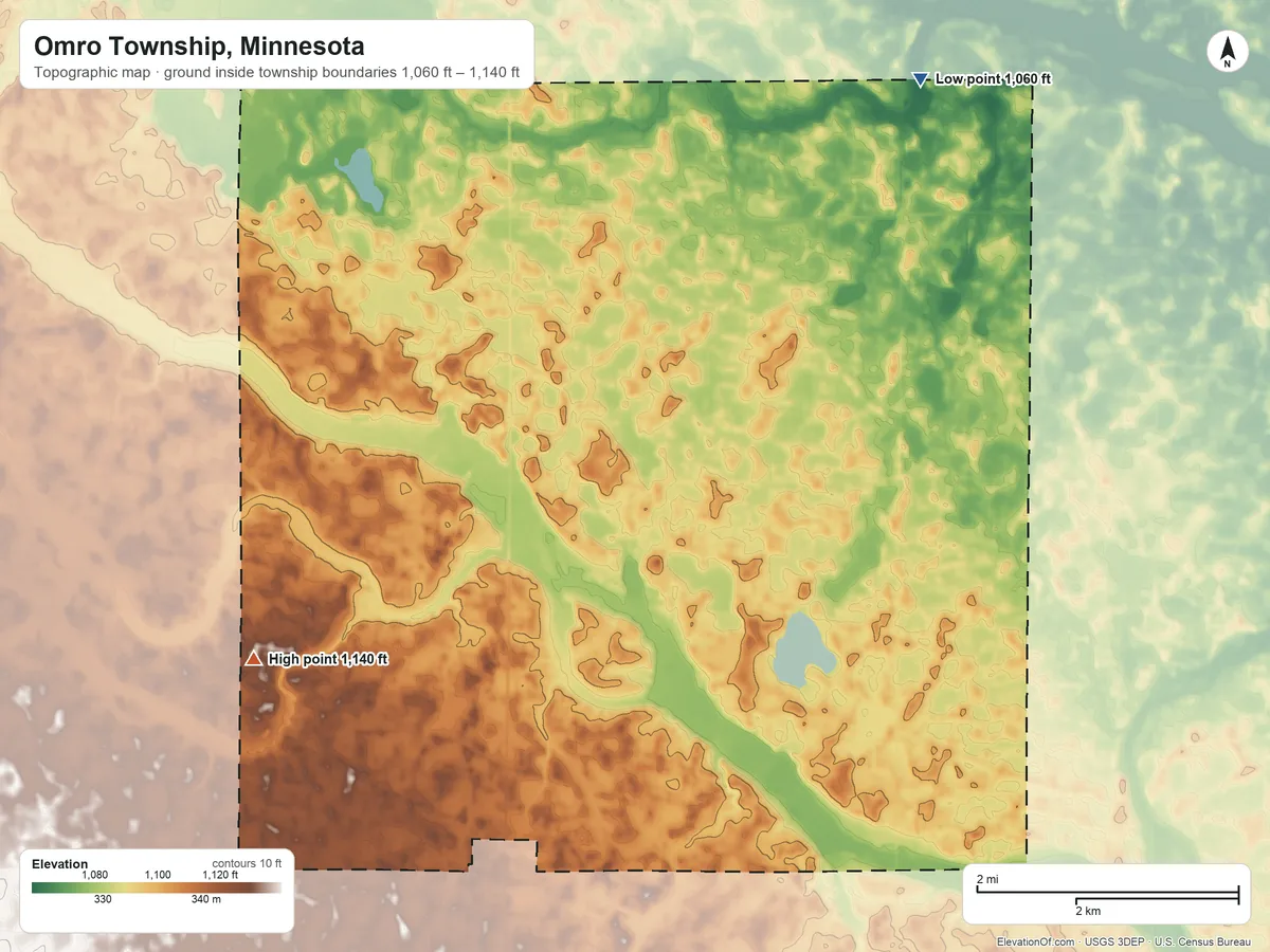 Topographic elevation map of Omro Township, Minnesota, shaded from 1,060 ft on the northeast side to 1,140 ft on the southwest side