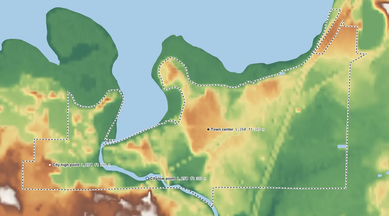 Topographic elevation map of Onamia, Minnesota, shaded from 1,250 ft on the southwest side to 1,270 ft on the west side