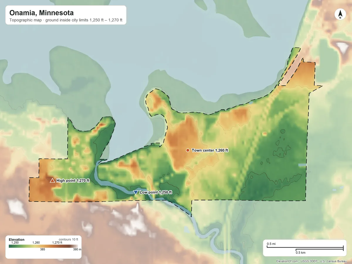 Topographic elevation map of Onamia, Minnesota, shaded from 1,250 ft on the southwest side to 1,270 ft on the west side