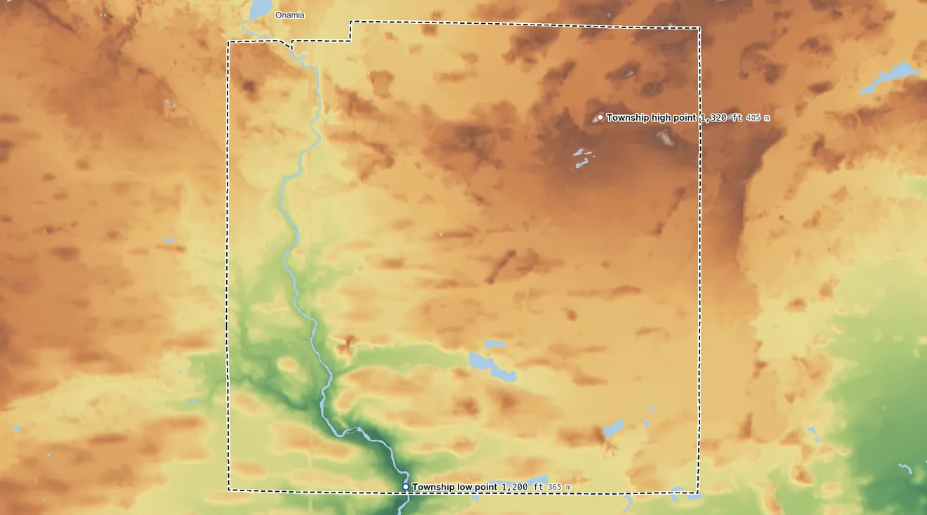Topographic elevation map of Onamia Township, Minnesota, shaded from 1,200 ft on the south side to 1,320 ft on the east side
