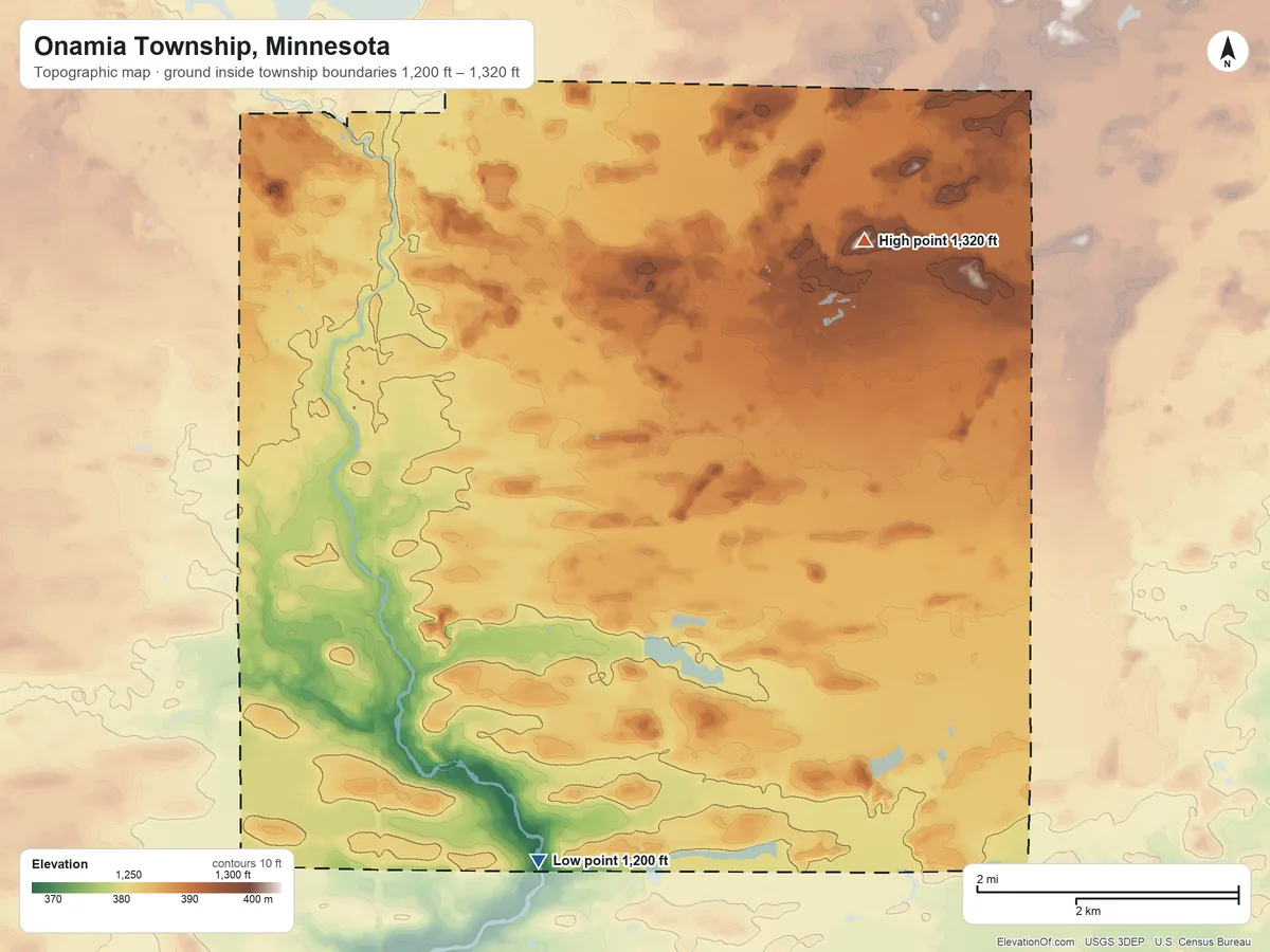 Topographic elevation map of Onamia Township, Minnesota, shaded from 1,200 ft on the south side to 1,320 ft on the east side