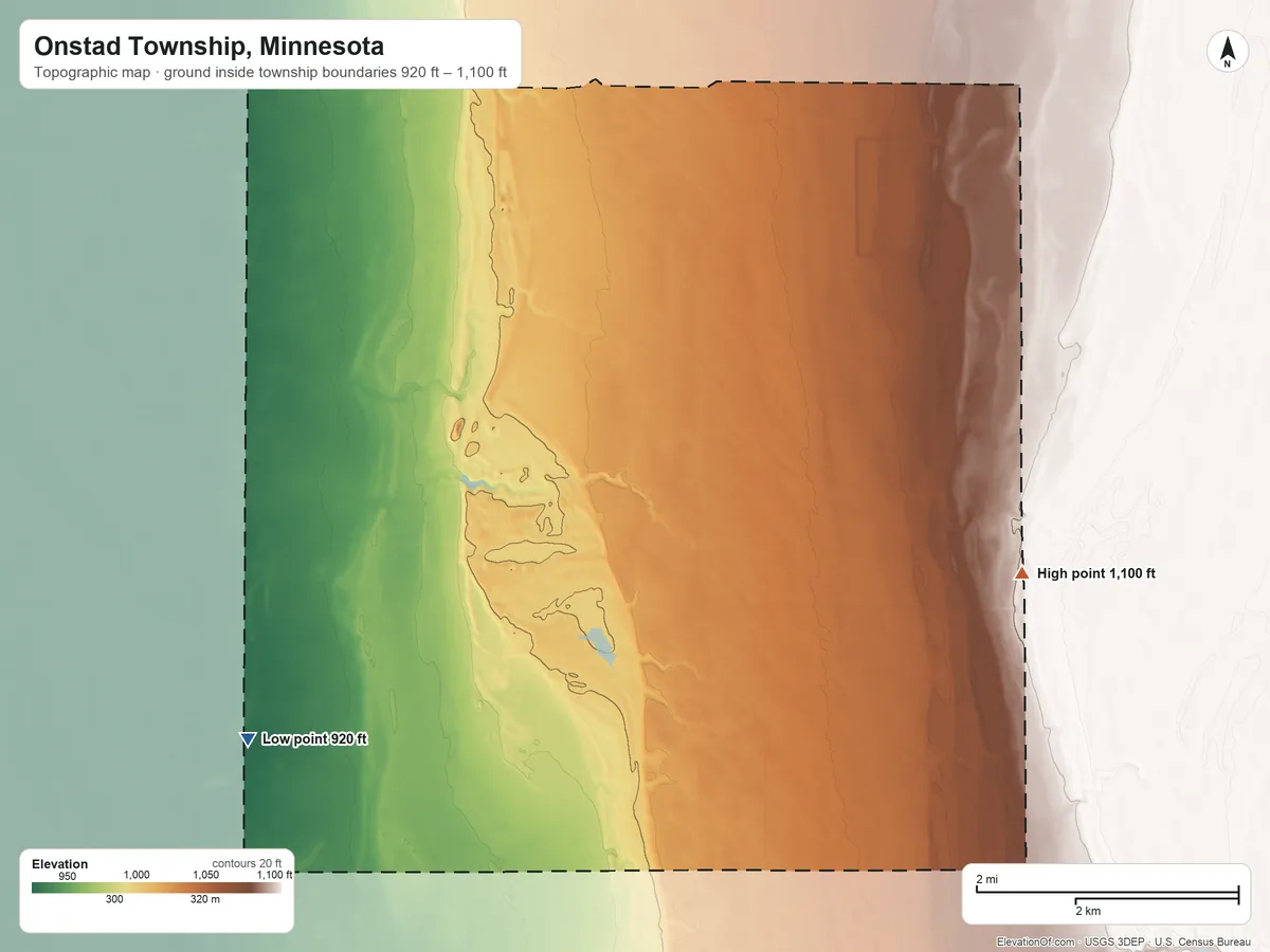 Topographic elevation map of Onstad Township, Minnesota, shaded from 920 ft on the southwest side to 1,100 ft on the east side