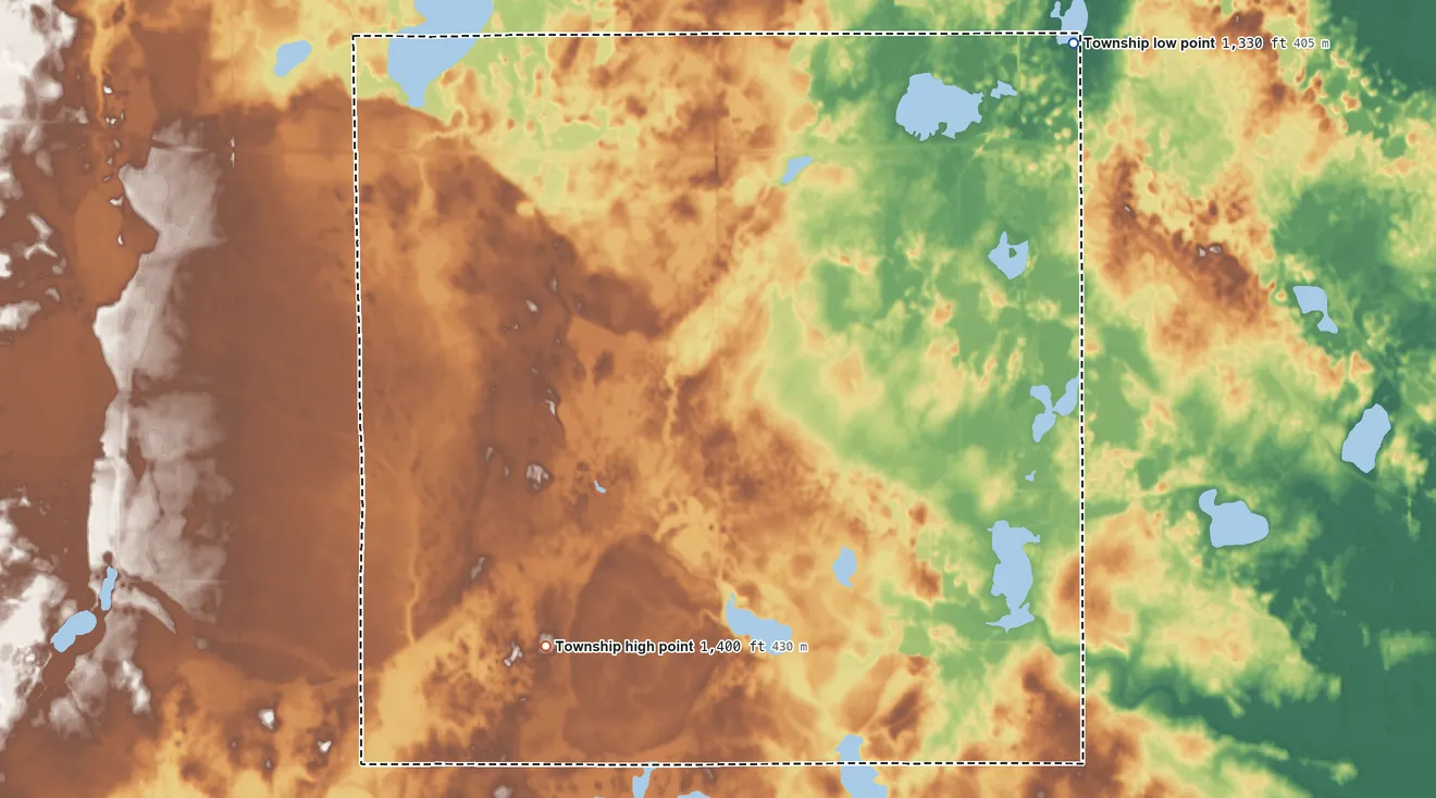 Topographic elevation map of Orange Township, Minnesota, shaded from 1,330 ft on the northeast side to 1,400 ft on the south side