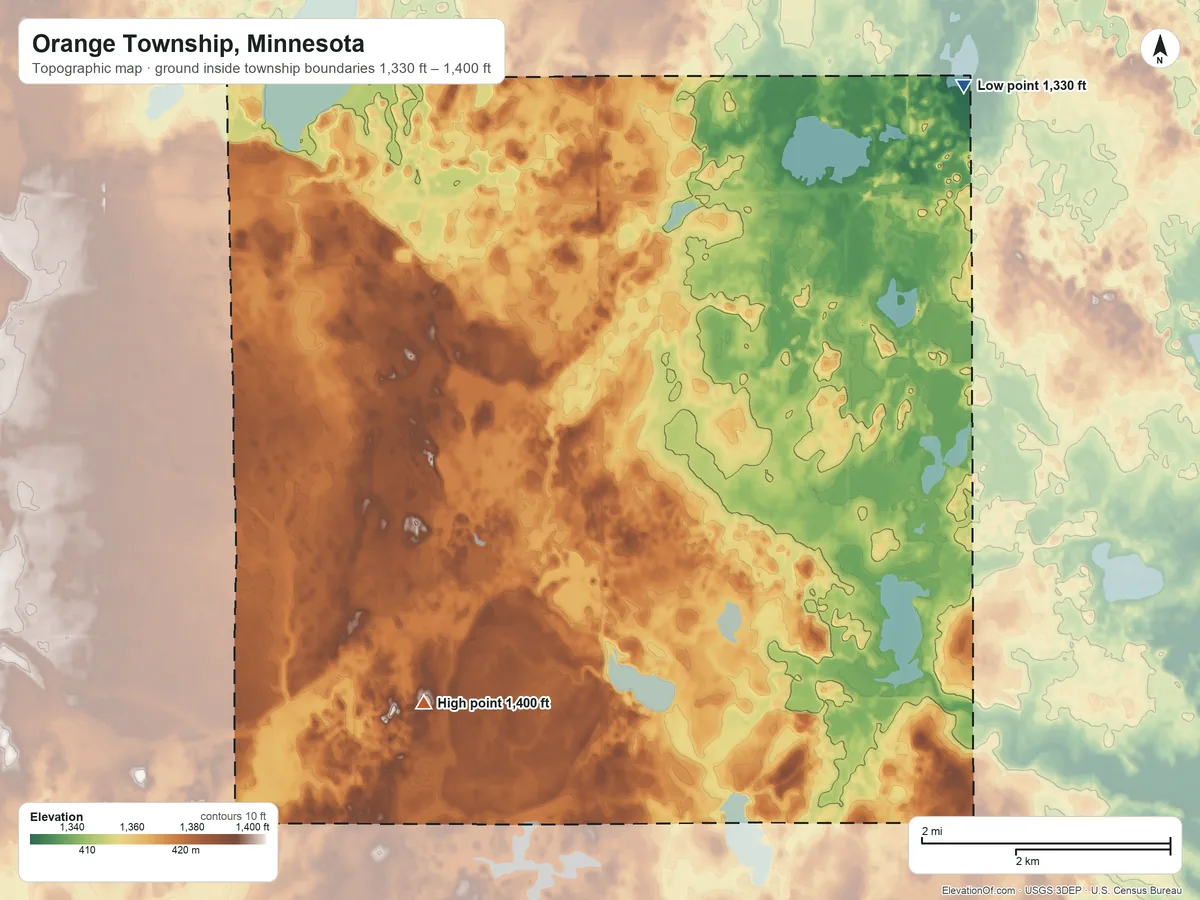 Topographic elevation map of Orange Township, Minnesota, shaded from 1,330 ft on the northeast side to 1,400 ft on the south side