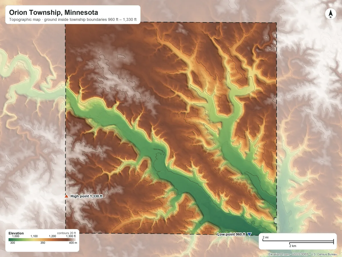 Topographic elevation map of Orion Township, Minnesota, shaded from 960 ft on the southeast side to 1,330 ft on the southwest side
